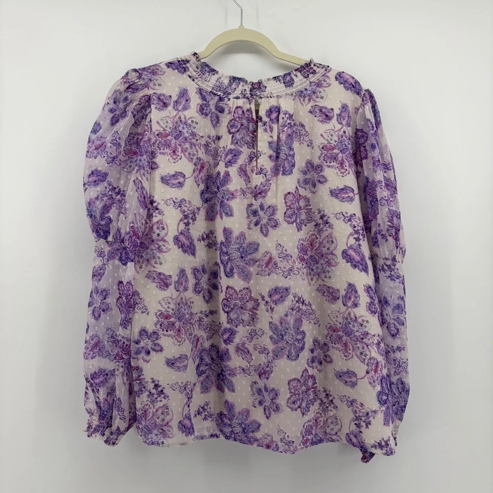 LOFT Womens‎ XL Purple Floral Smocked Neck Puff Sleeve Clip Dot Blouse Top